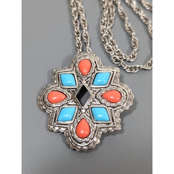 Vintage Avon American Spirit Necklace Faux Turquoise Orange Concho Brooch 30" - Picture 4 of 10